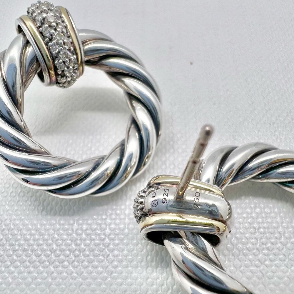 David Yurman Sterling Silver 18k Diamond Cable Door Knocker Earrings - Picture 5 of 12